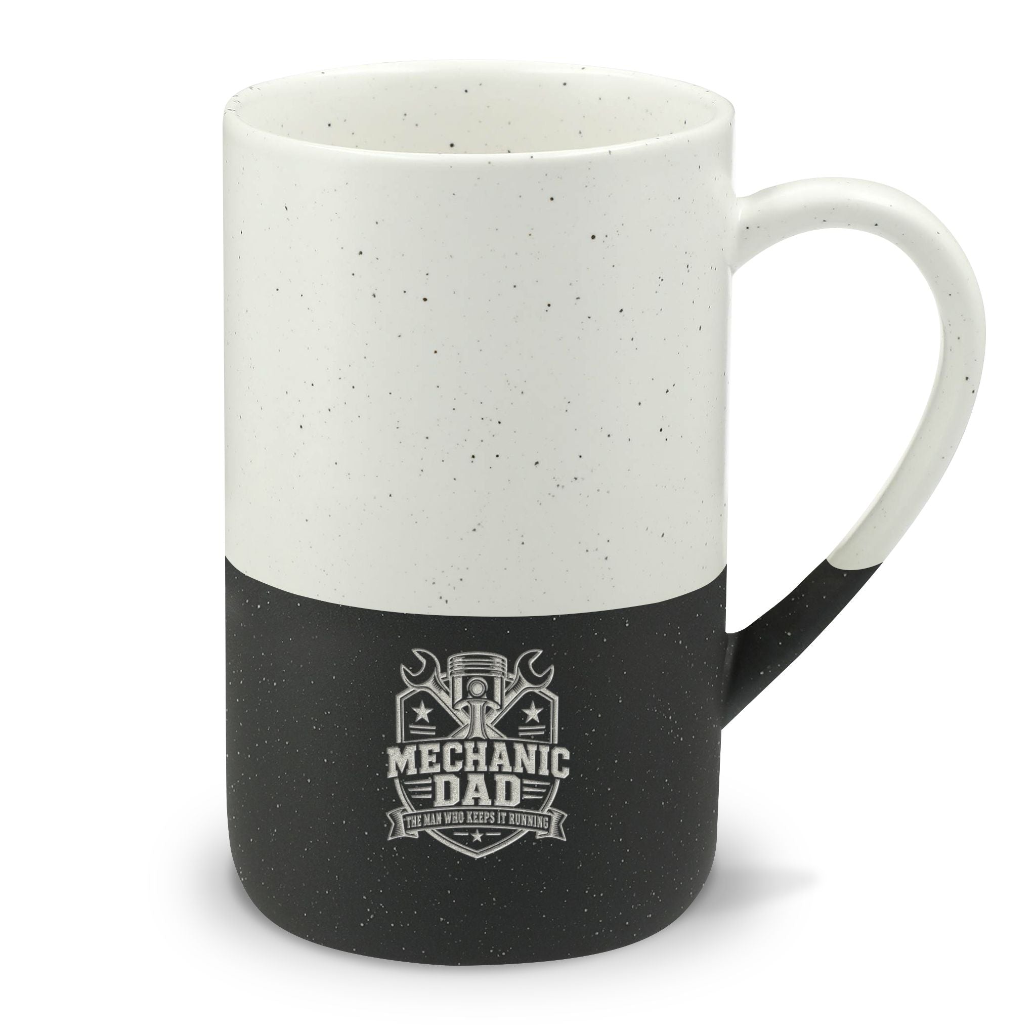 Speckled Two-Tone Ceramic Mug — 'Mechanic Dad' Engraved 13oz Coffee Cup