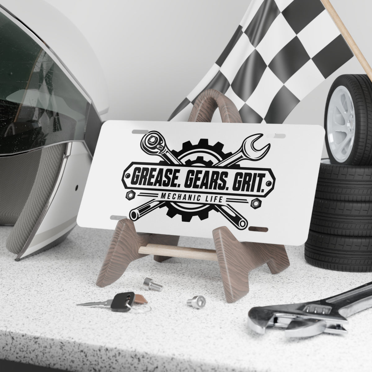 Mechanic Life Vanity Plate — Grease. Gears. Grit. Aluminum License Tag