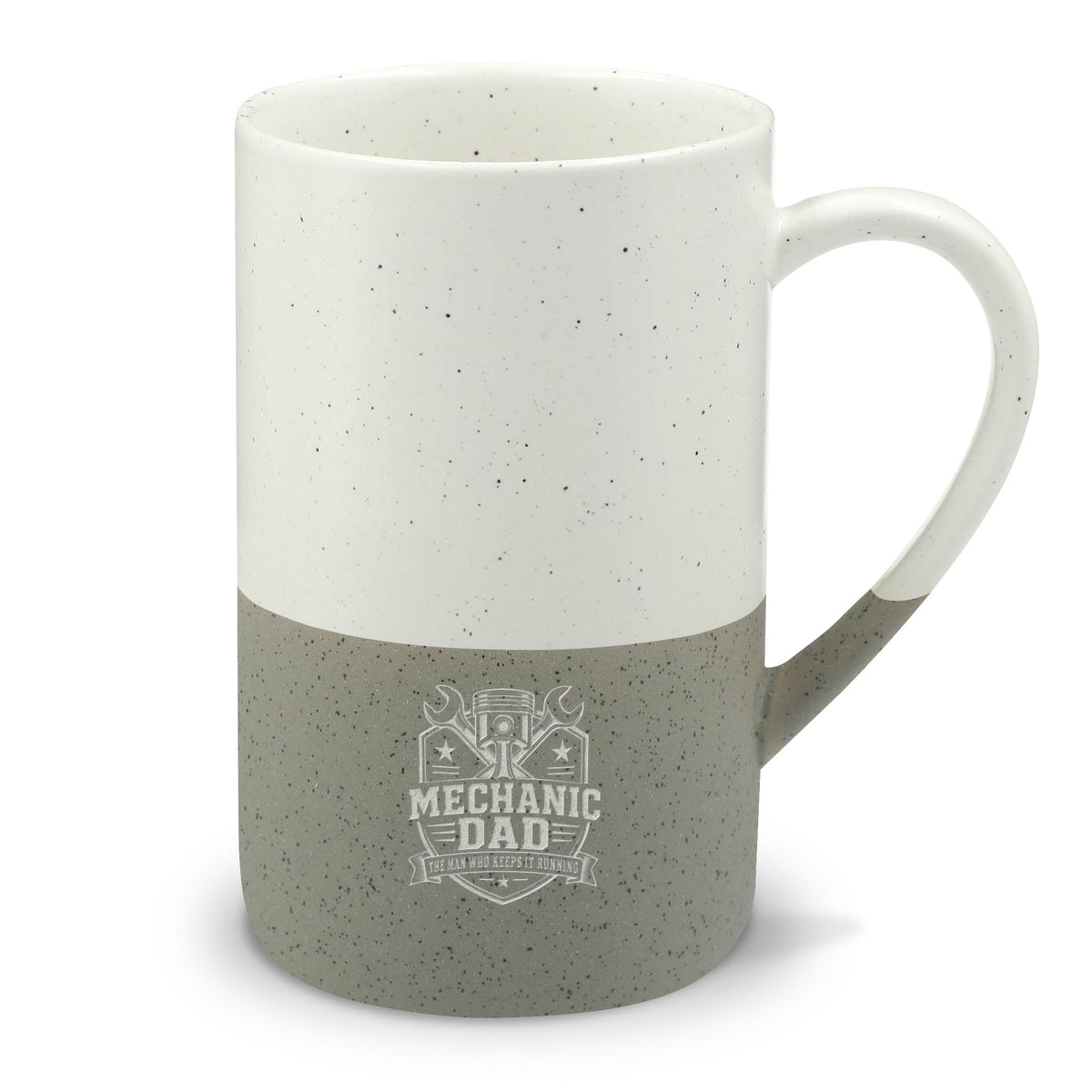 Speckled Two-Tone Ceramic Mug — 'Mechanic Dad' Engraved 13oz Coffee Cup