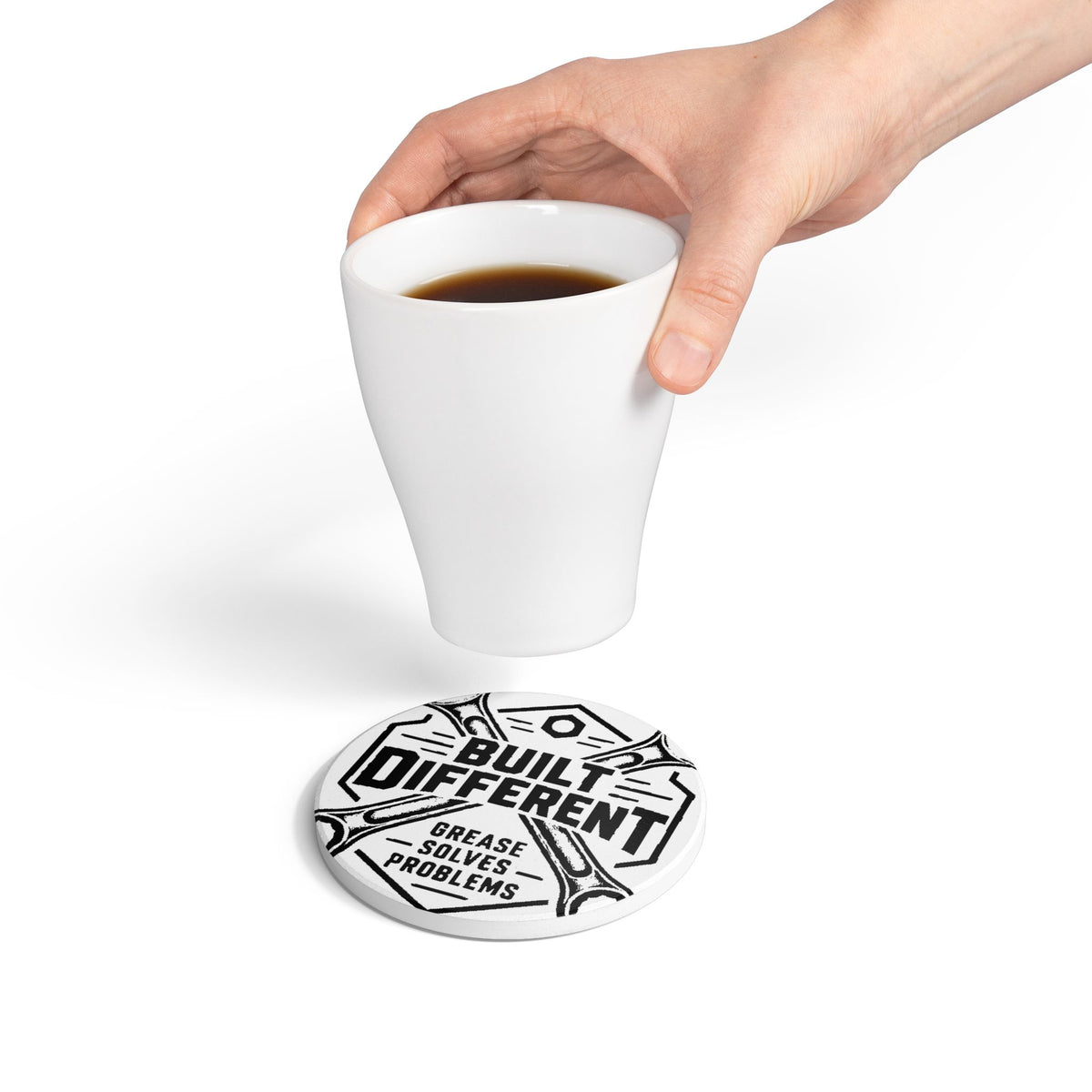 Built Different Mechanic Ceramic Coaster — Grease Solves Problems