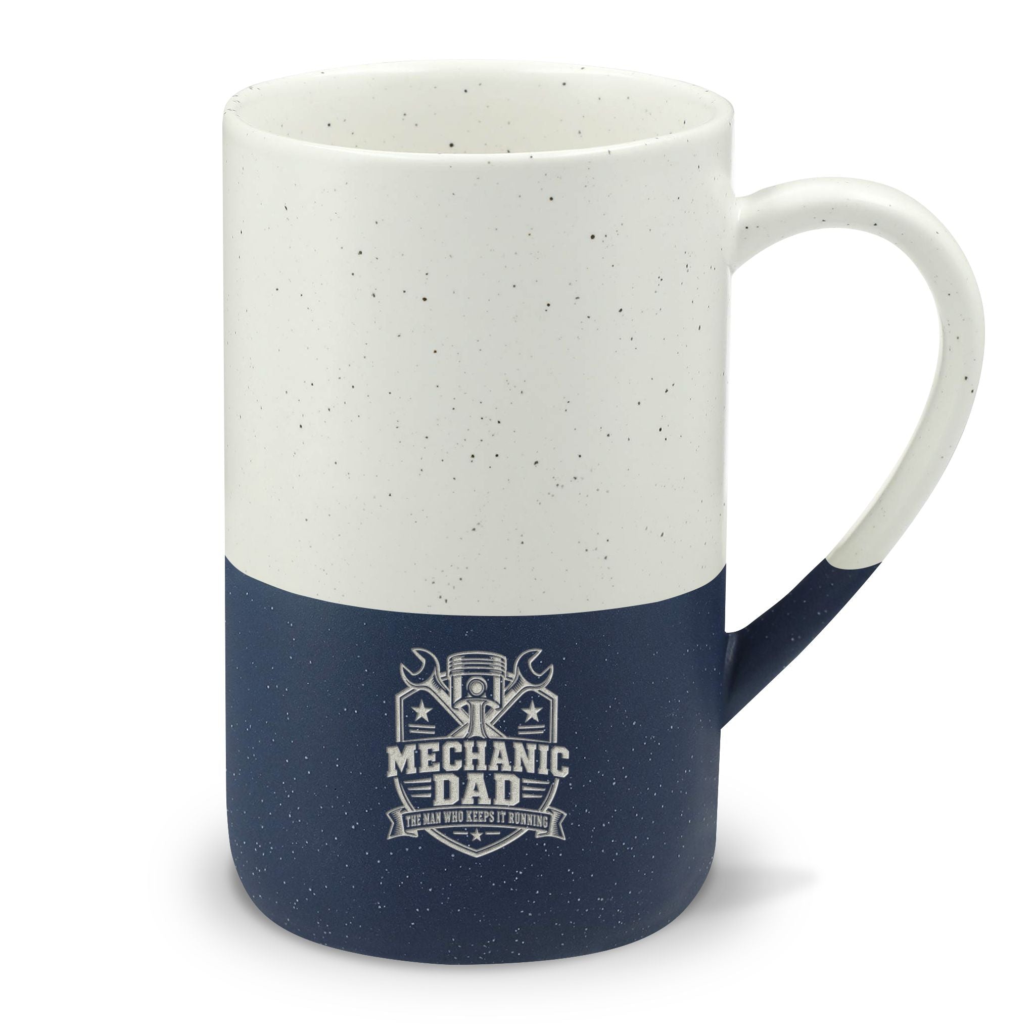 Speckled Two-Tone Ceramic Mug — 'Mechanic Dad' Engraved 13oz Coffee Cup