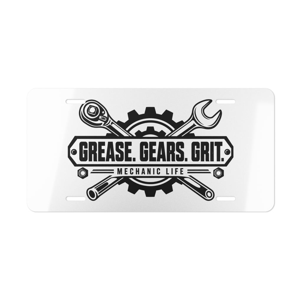Mechanic Life Vanity Plate — Grease. Gears. Grit. Aluminum License Tag